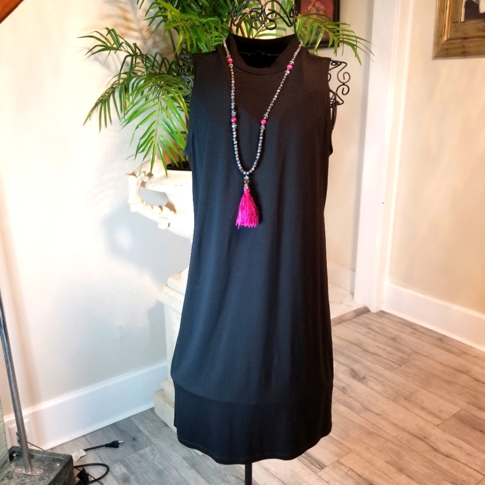 Eileen Fisher Funnel Neck Sleeveless Black Jersey Midi Dress Sz: XXS.